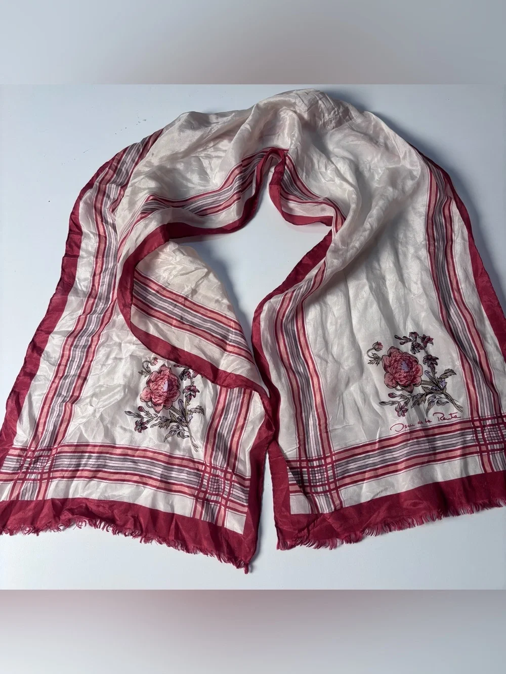Oscar de la Renta Cream and Rose-Red Floral Stripe Scarf